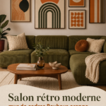 Salon avec un canapé vert olive et un mur d'art Bauhaus, ambiance moderne et rétro.
