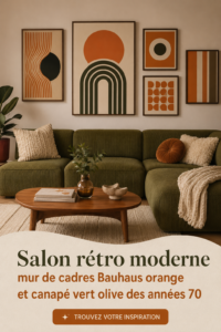 Salon avec un canapé vert olive et un mur d'art Bauhaus, ambiance moderne et rétro.