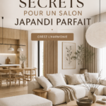 Un salon Japandi chaleureux et minimaliste avec des éléments en bois et des couleurs apaisantes.