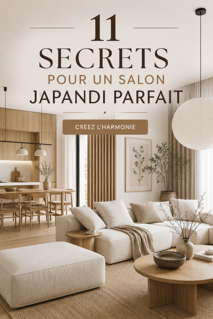 Un salon Japandi chaleureux et minimaliste avec des éléments en bois et des couleurs apaisantes.