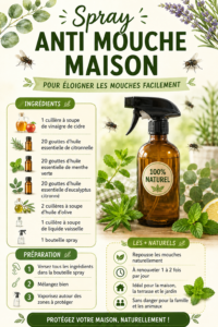 Spray anti-mouches fait maison sur une table en bois