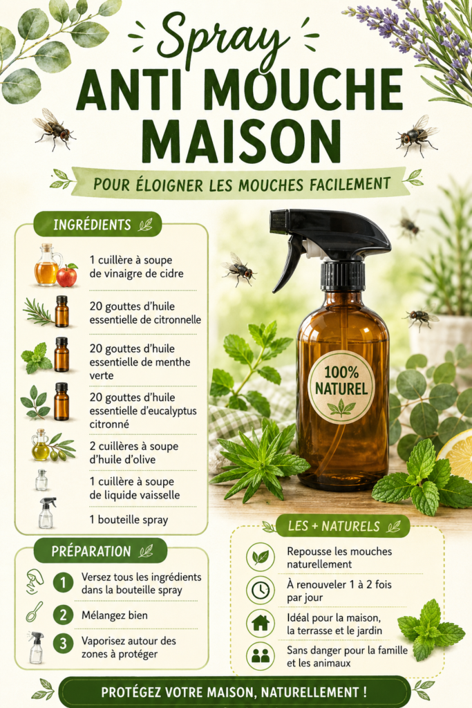 Spray anti-mouches fait maison sur une table en bois