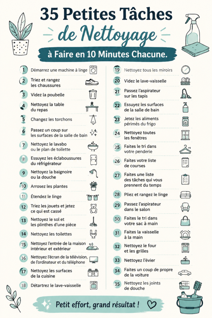 Une femme souriante nettoyant sa cuisine en 10 minutes avec un chiffon, illustrant des tâches rapides de nettoyage.