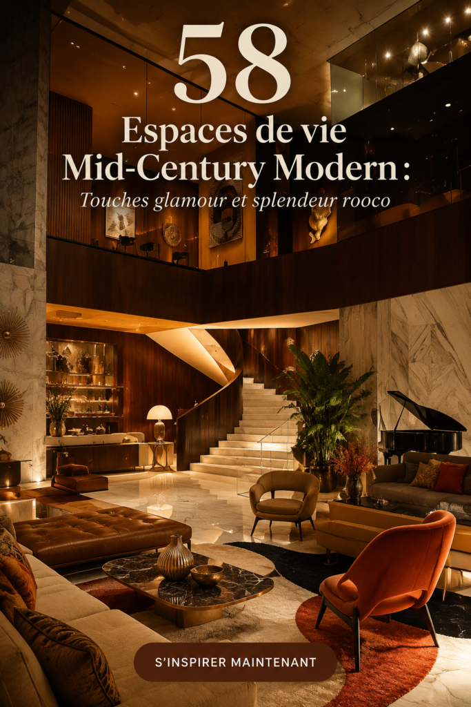 Salon élégant aménagé dans un style Mid-Century avec des touches rococo