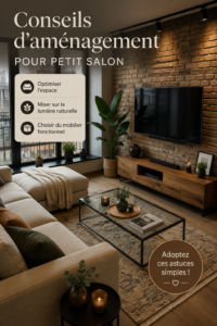 Un petit salon aménagé de manière chaleureuse avec des meubles fonctionnels