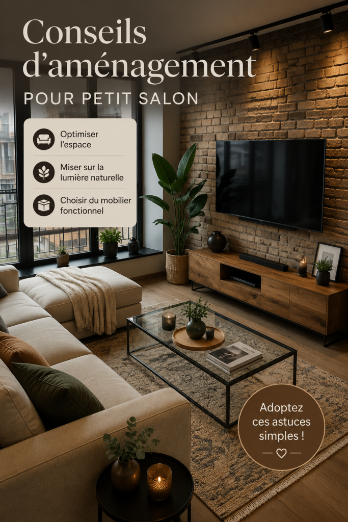 Un petit salon aménagé de manière chaleureuse avec des meubles fonctionnels