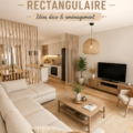 Un salon rectangle aménagé avec des meubles modernes et chaleureux.