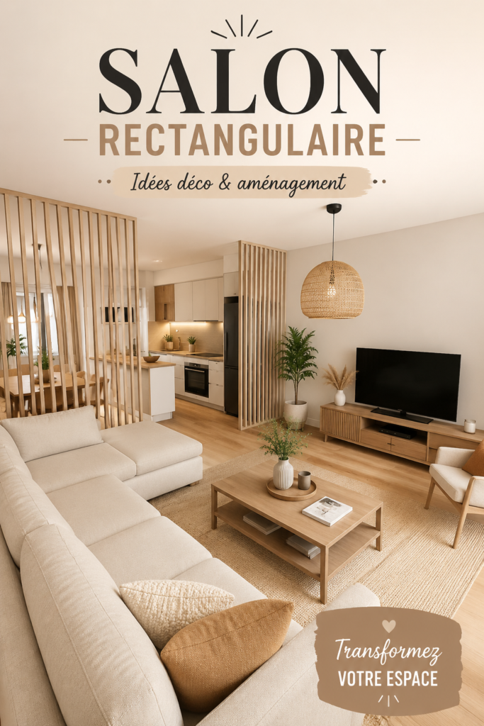 Un salon rectangle aménagé avec des meubles modernes et chaleureux.