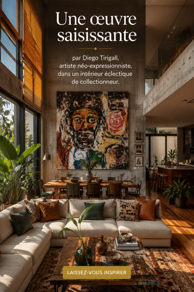 Œuvre vibrante de Diego Tirigall exposée dans un salon éclectique