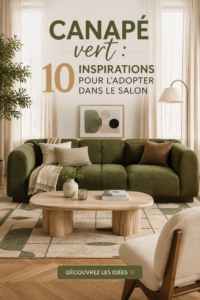 Un salon chaleureux avec un canapé vert élégant et des touches de décoration modernes.