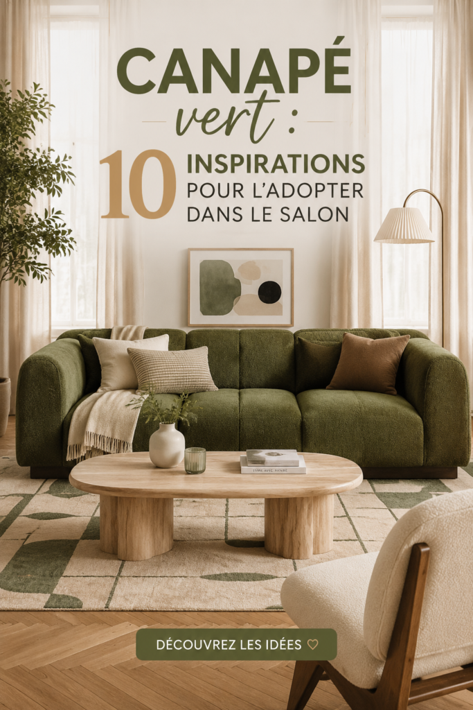 Un salon chaleureux avec un canapé vert élégant et des touches de décoration modernes.