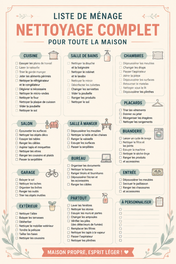 Checklist de nettoyage à imprimer pour une maison impeccable.