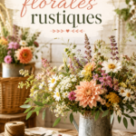 Composition florale rustique avec des fleurs sauvages dans un vase en bois