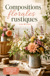 Composition florale rustique avec des fleurs sauvages dans un vase en bois