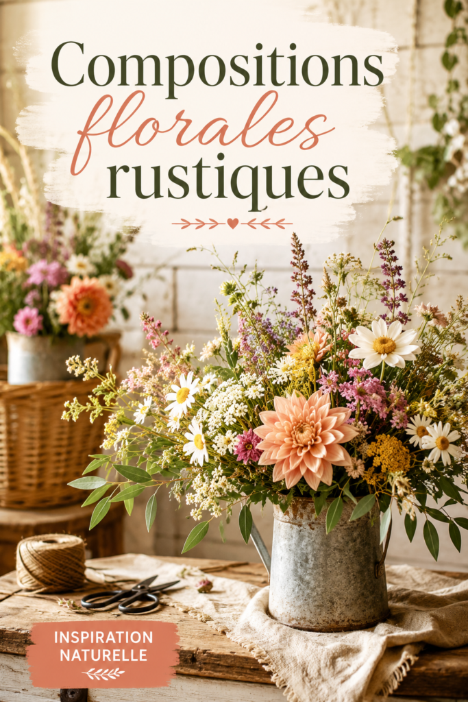 Composition florale rustique avec des fleurs sauvages dans un vase en bois