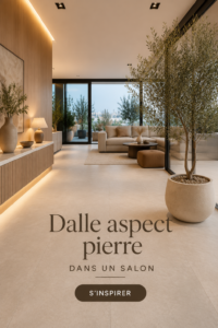 Un salon moderne avec des dalles aspect pierre, mettant en valeur une décoration chaleureuse et élégante.