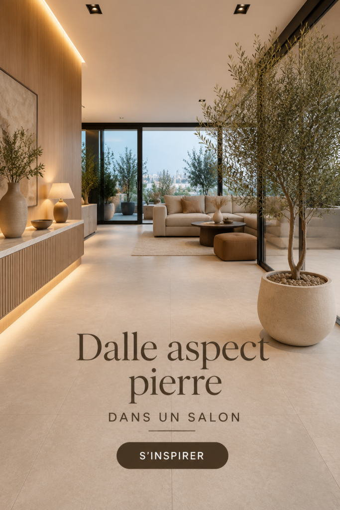 Un salon moderne avec des dalles aspect pierre, mettant en valeur une décoration chaleureuse et élégante.