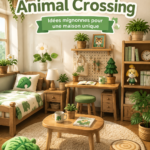 Intérieur décoré avec des éléments inspirés par Animal Crossing, créant une atmosphère accueillante.