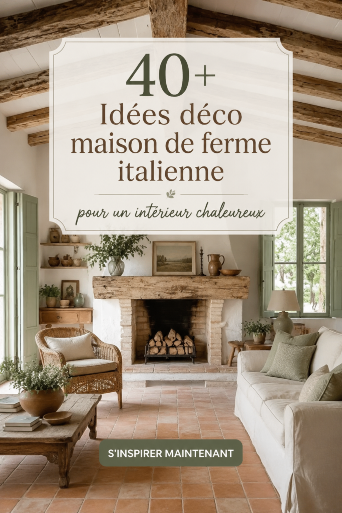Intérieur chaleureux inspiré de la déco ferme italienne avec mobilier en bois et couleurs naturelles.