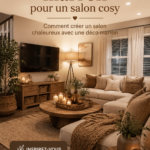 Salon cosy avec décorations marron et éclairage tamisé