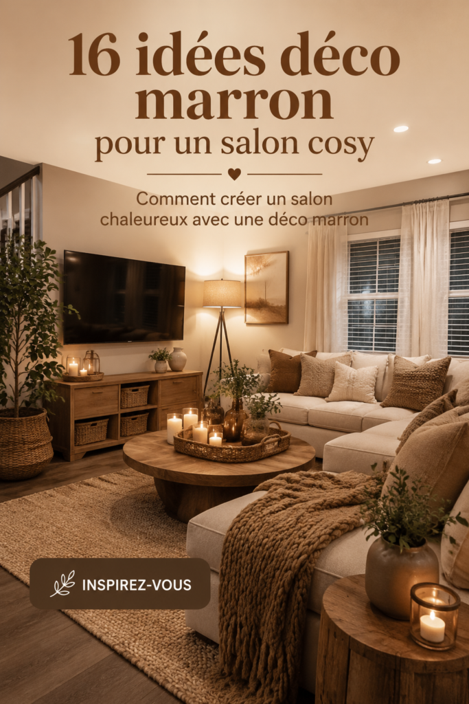 Salon cosy avec décorations marron et éclairage tamisé