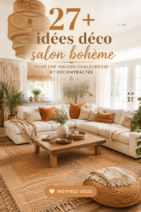 Salon décoré dans un style boho, avec des coussins colorés et des plantes
