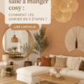 Un salon cosy design avec une salle à manger intégrée, décorée dans des tons chauds et harmonieux.