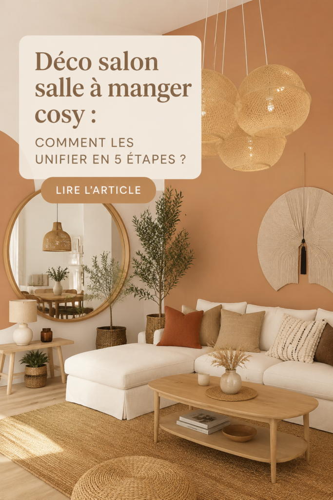 Un salon cosy design avec une salle à manger intégrée, décorée dans des tons chauds et harmonieux.