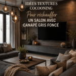 Salon avec canapé gris accentué par des textures chaleureuses