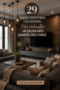 Salon avec canapé gris accentué par des textures chaleureuses