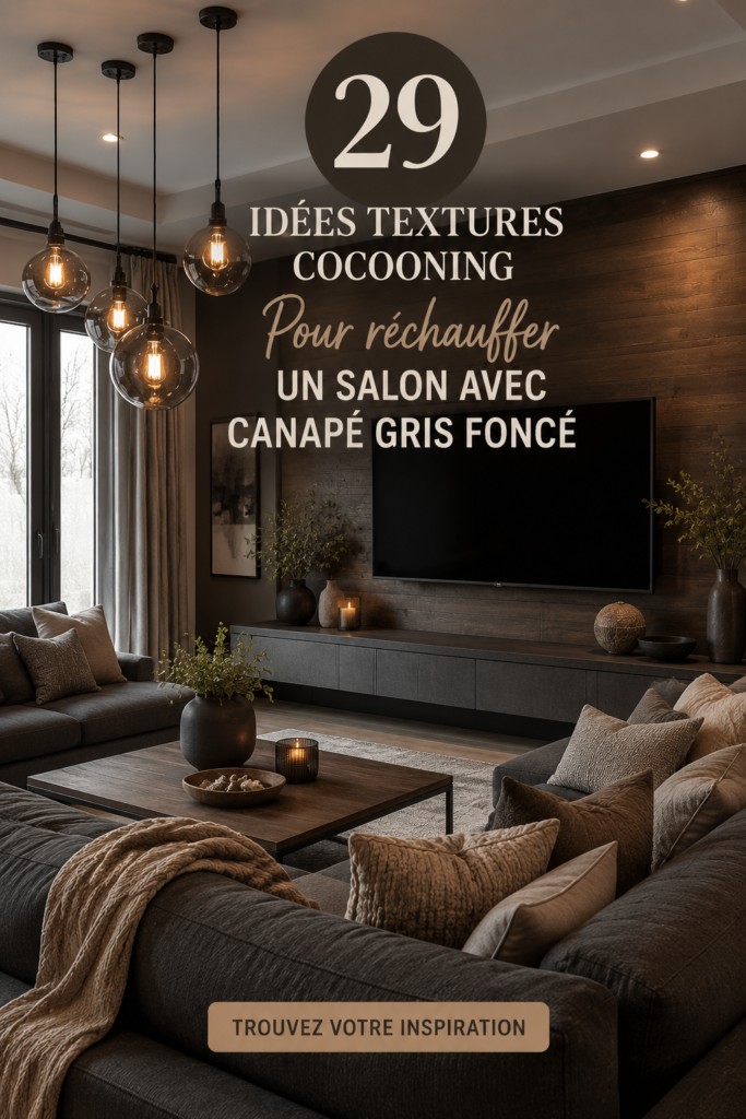 Salon avec canapé gris accentué par des textures chaleureuses