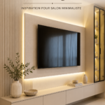 Design moderne d'un mur TV avec éclairage LED dans un salon minimaliste.