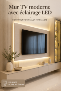 Design moderne d'un mur TV avec éclairage LED dans un salon minimaliste.
