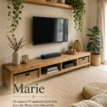 Un coin TV apaisant avec des meubles en bois brut et des plantes vertes.