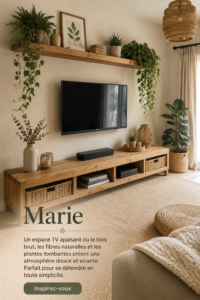 Un coin TV apaisant avec des meubles en bois brut et des plantes vertes.