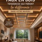 Faux plafond en bois moderne dans un salon chaleureux.