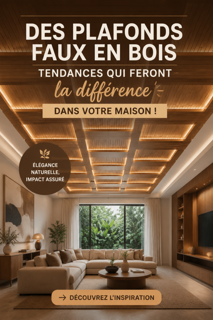 Faux plafond en bois moderne dans un salon chaleureux.