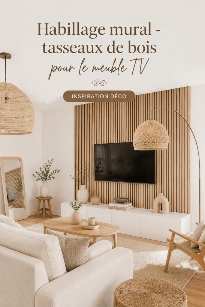 Un meuble TV relooké avec un habillage mural en tasseaux de bois, apportant chaleur et style à la pièce.