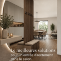 Une entrée décorée qui s'ouvre sur un salon chaleureux avec des éléments de décoration dans des tons naturels.