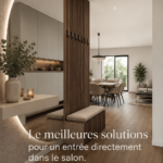 Une entrée décorée qui s'ouvre sur un salon chaleureux avec des éléments de décoration dans des tons naturels.