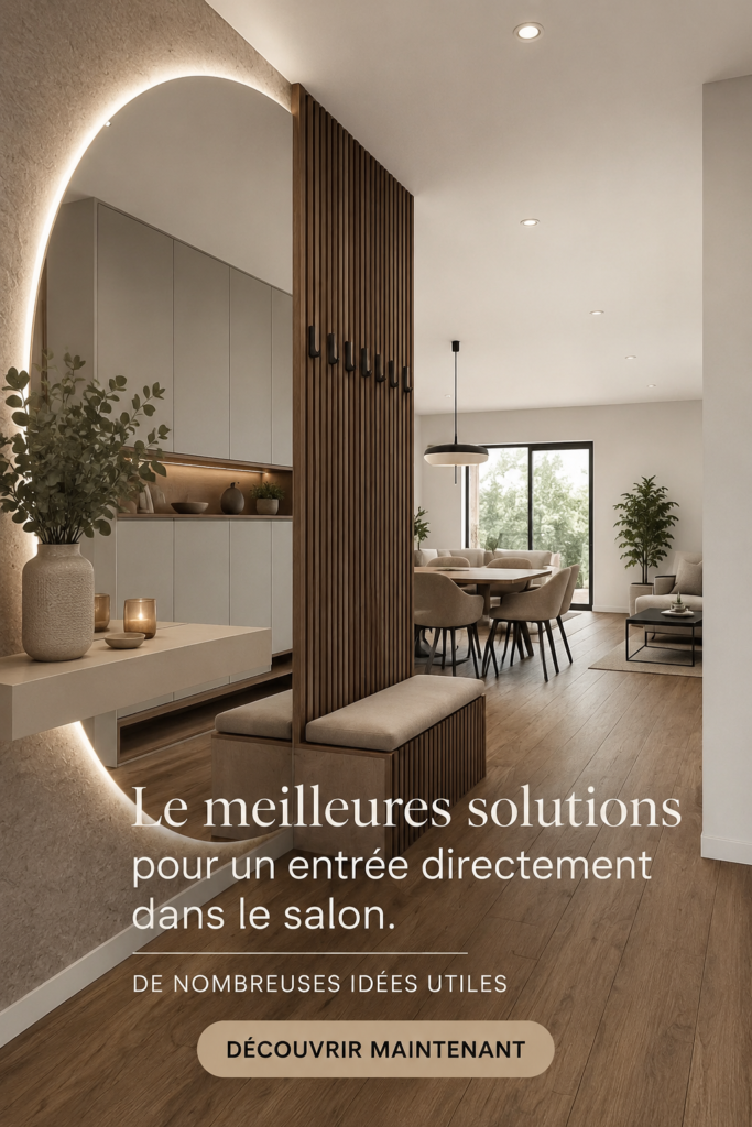 Une entrée décorée qui s'ouvre sur un salon chaleureux avec des éléments de décoration dans des tons naturels.
