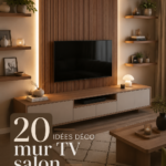 Salon moderne avec décoration murale élégante autour d'une télévision