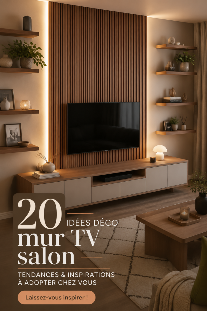 Salon moderne avec décoration murale élégante autour d'une télévision
