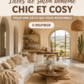 Salon boho chic avec des couleurs chaudes et des accessoires en textile