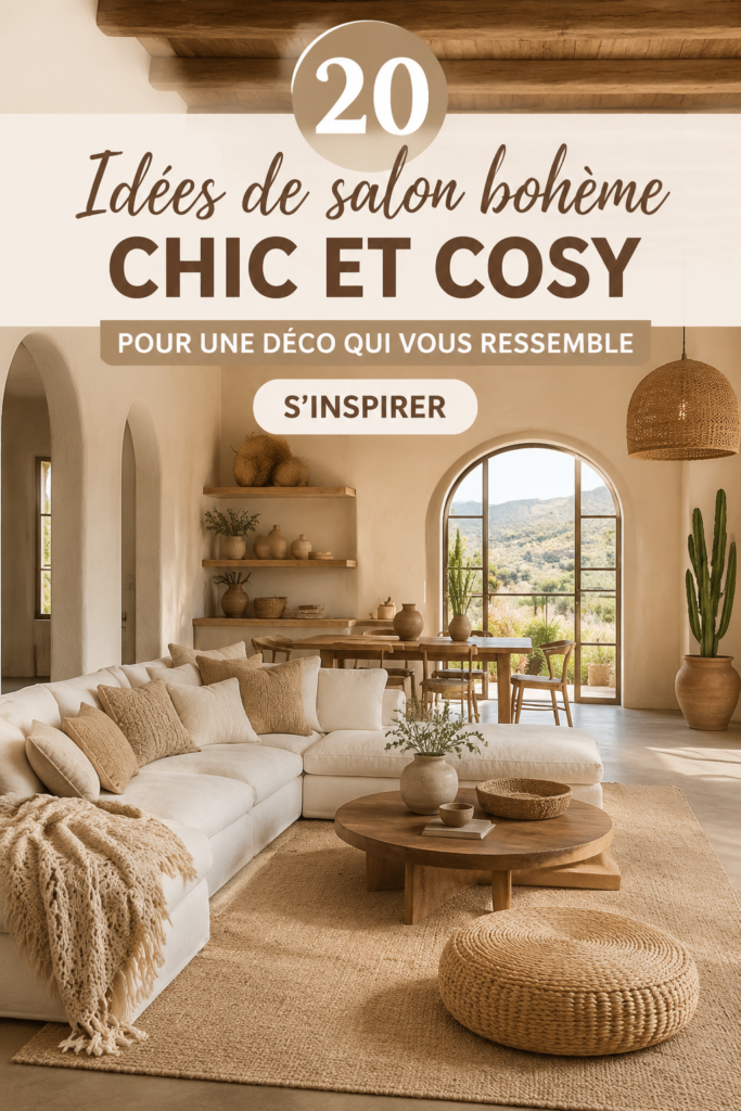 Salon boho chic avec des couleurs chaudes et des accessoires en textile