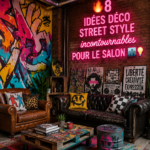 Salon au style urbain avec des éléments modernes et confortables.