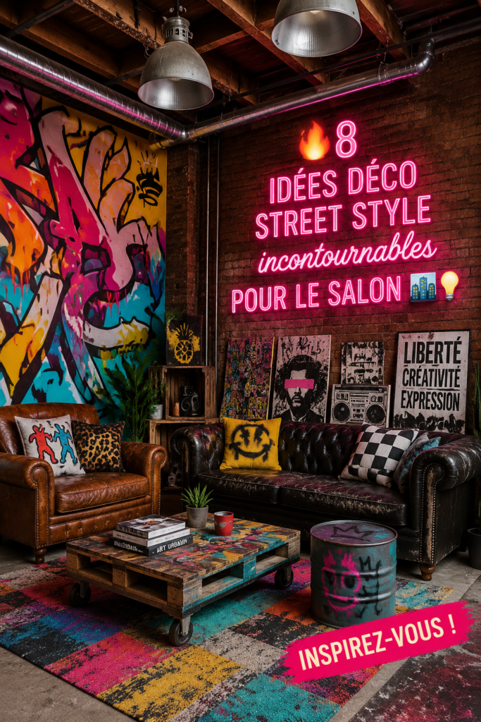 Salon au style urbain avec des éléments modernes et confortables.