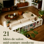 Salon moderne de style mid-century avec des couleurs chaudes et des lignes épurées