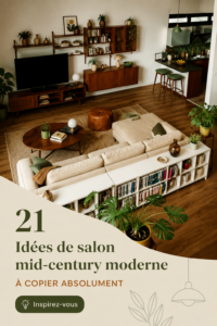 Salon moderne de style mid-century avec des couleurs chaudes et des lignes épurées