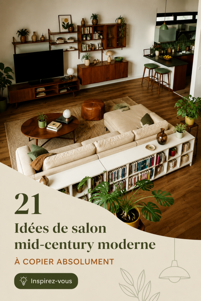 Salon moderne de style mid-century avec des couleurs chaudes et des lignes épurées